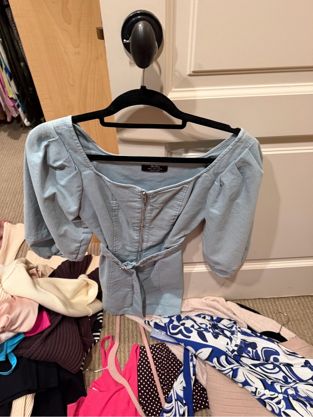Light Blue Puff Sleeve Tie-Waist Top